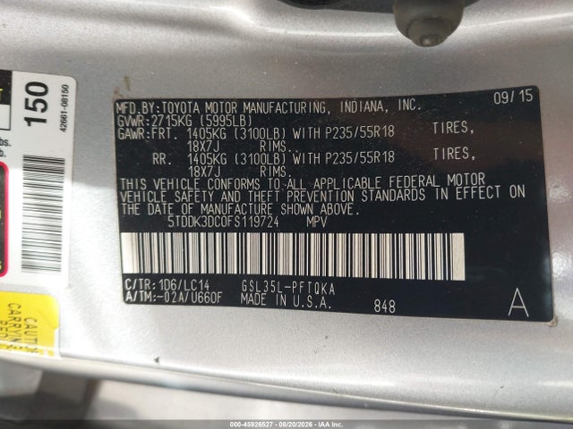 Toyota Sienna Xle 7 Passenger 2015 5TDDK3DC0FS119724 Image 9