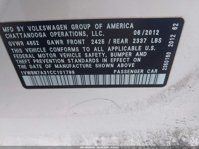 2012 Volkswagen Passat 2.0l Tdi Se მანქანა იყიდება აუქციონზე, vin: 1VWBN7A31CC101799, აუქციონის ნომერი: 45926530
