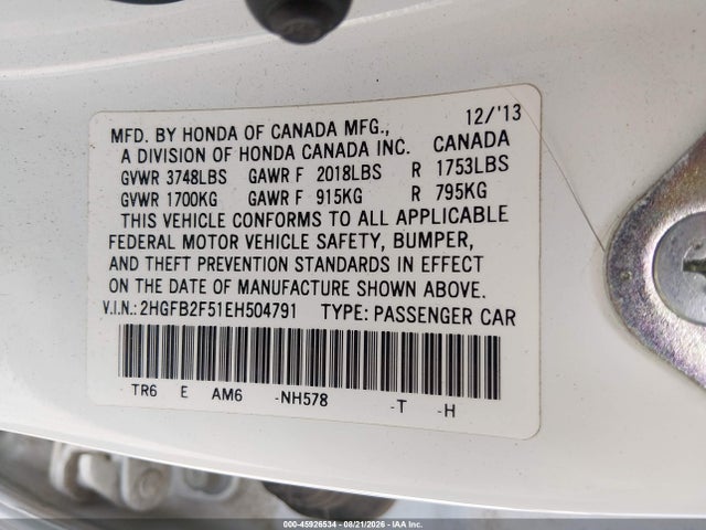 Honda Civic Lx 2014 2HGFB2F51EH504791 Image 9