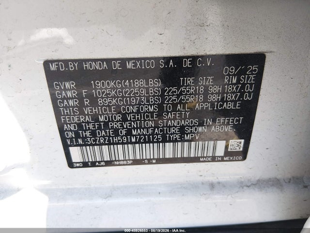 Aukcja sprzedaży 2026 Honda Hr-v 2wd Sport, vin: 3CZRZ1H59TM721125, numer aukcji: 45926553
