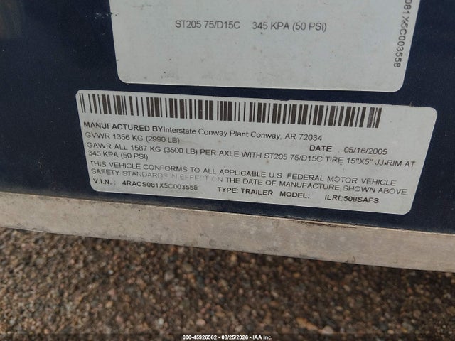 45926562 :رقم المزاد ، 4RACS081X5C003558 vin ، 2005 Interstate West Corp Unknown مزاد بيع