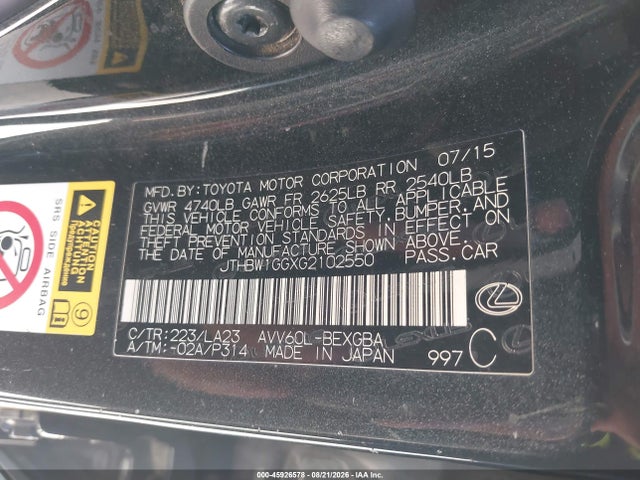 JTHBW1GGXG2102550 Lexus ES 300H