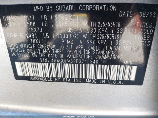 45926604 :رقم المزاد ، 4S4GUHM62R3719340 vin ، 2024 Subaru Crosstrek Limited مزاد بيع