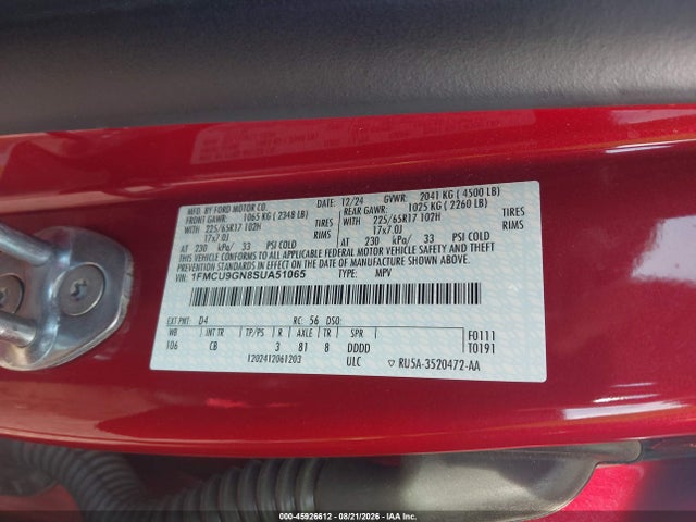 45926612 :رقم المزاد ، 1FMCU9GN8SUA51065 vin ، 2025 Ford Escape Active مزاد بيع