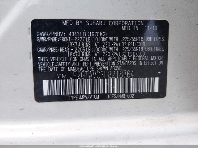 2020 Subaru Crosstrek Limited მანქანა იყიდება აუქციონზე, vin: JF2GTAMC3L8218764, აუქციონის ნომერი: 45926623