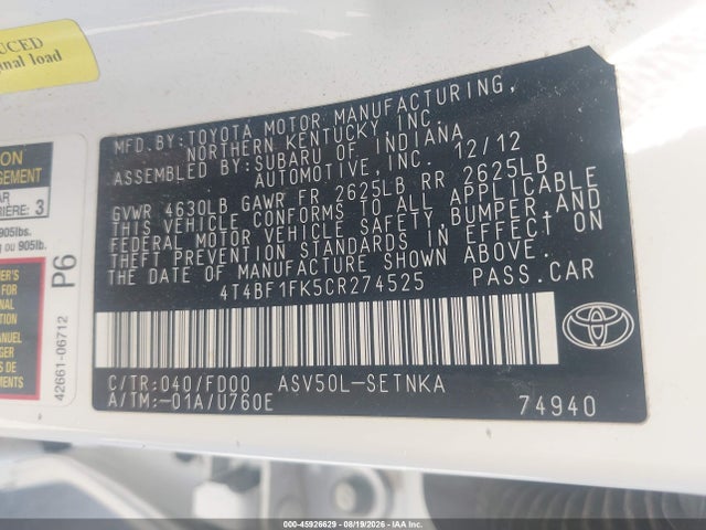 Aukcja sprzedaży 2012 Toyota Camry Le, vin: 4T4BF1FK5CR274525, numer aukcji: 45926629