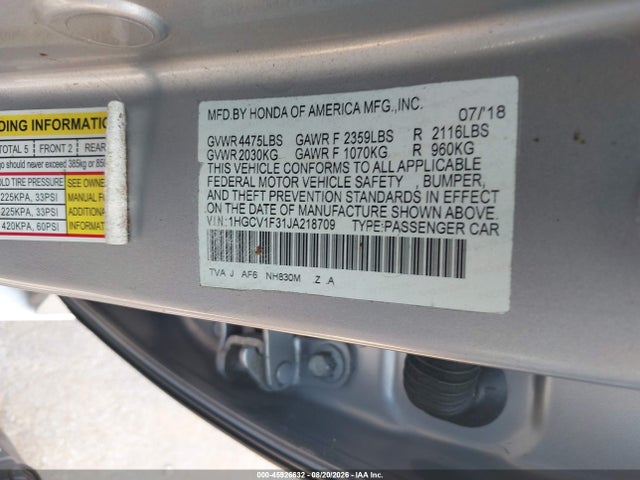 Продажа на аукционе авто 2018 Honda Accord Sport, vin: 1HGCV1F31JA218709, номер лота: 45926632