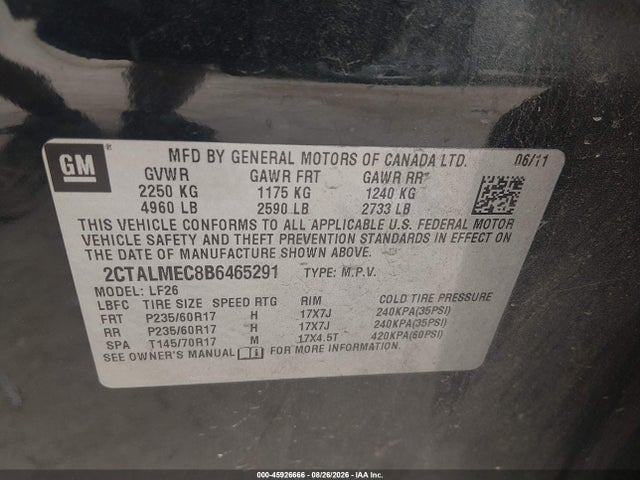 Продаж на аукціоні авто 2011 Gmc Terrain Sle-1, vin: 2CTALMEC8B6465291, номер лоту: 45926666