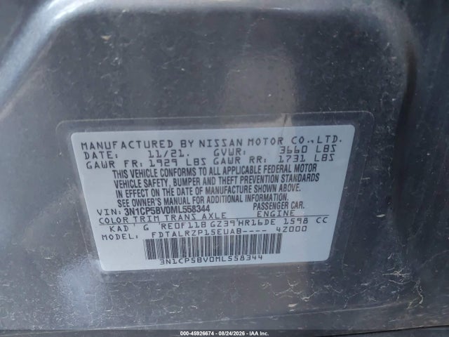Aukcja sprzedaży 2021 Nissan Kicks S Xtronic Cvt, vin: 3N1CP5BV0ML558344, numer aukcji: 45926674
