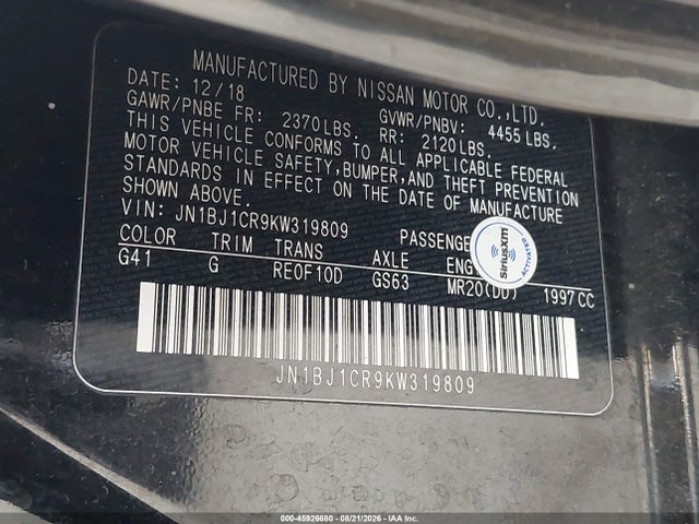 45926680 :رقم المزاد ، JN1BJ1CR9KW319809 vin ، 2019 Nissan Rogue Sport S مزاد بيع