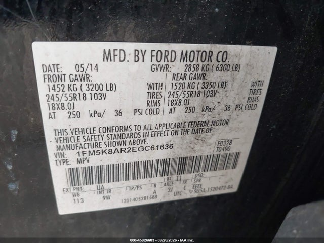Aukcja sprzedaży 2014 Ford Utility Police Interceptor, vin: 1FM5K8AR2EGC61636, numer aukcji: 45926683