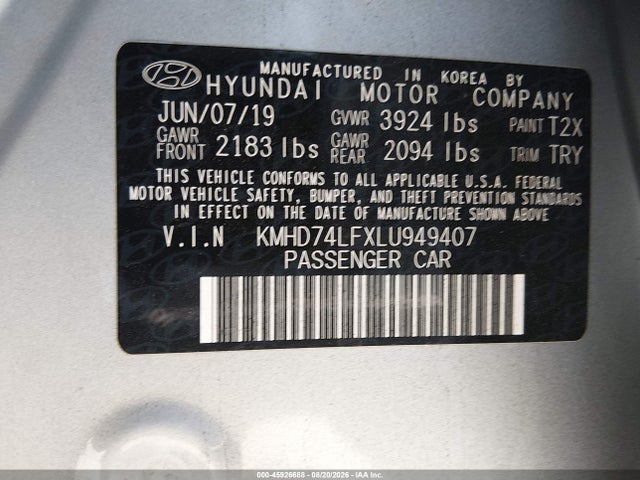 KMHD74LFXLU949407 Hyundai ELANTRA SE