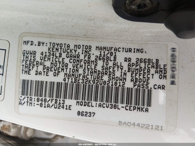 Aukcja sprzedaży 2002 Toyota Camry Le, vin: 4T1BE32K92U021012, numer aukcji: 45926691