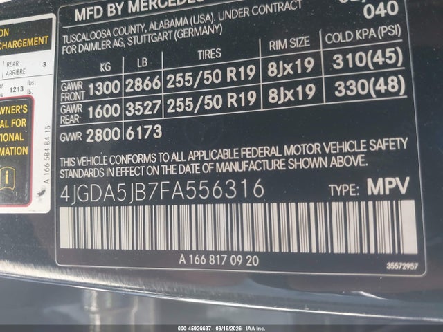 Продаж на аукціоні авто 2015 Mercedes-benz Ml 350, vin: 4JGDA5JB7FA556316, номер лоту: 45926697