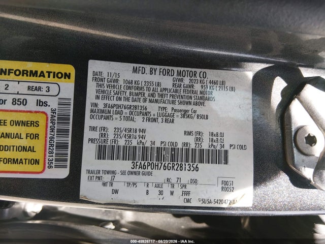 Ford FUSION SE 2016 3FA6P0H76GR281356 Image 9