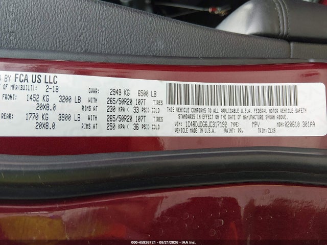 Продаж на аукціоні авто 2018 Dodge Durango Gt Awd, vin: 1C4RDJDG6JC317192, номер лоту: 45926721
