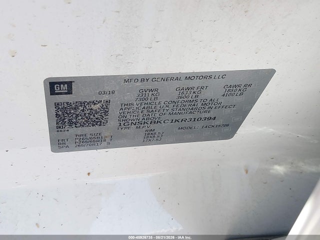 Aukcja sprzedaży 2019 Chevrolet Tahoe Lt, vin: 1GNSKBKC1KR310394, numer aukcji: 45926735