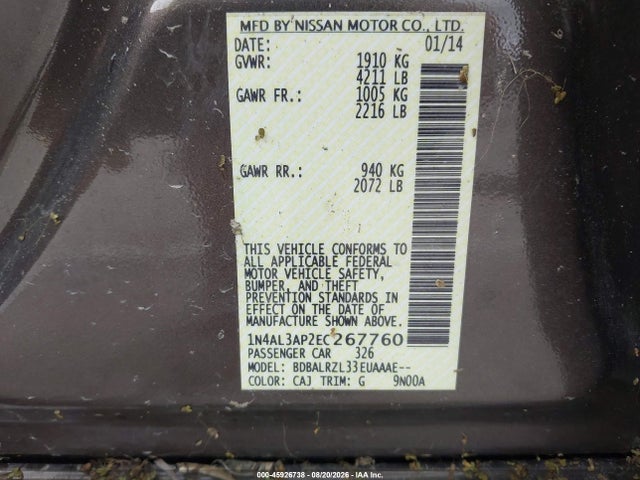 Продажа на аукционе авто 2014 Nissan Altima 2.5 S, vin: 1N4AL3AP2EC267760, номер лота: 45926738