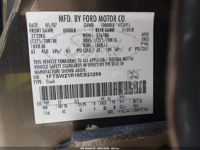 Продажа на аукционе авто 2008 Ford Super Duty F-250 Srw Fx4/harley-davidson/king Ranch/lariat/xl/xlt, vin: 1FTSW21R18EB23269, номер лота: 45926742