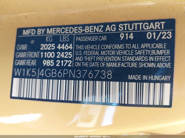 2023 Mercedes-benz Cla 250 Coupe მანქანა იყიდება აუქციონზე, vin: W1K5J4GB6PN376738, აუქციონის ნომერი: 45926757