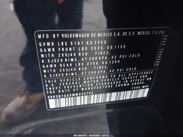 2021 Volkswagen Tiguan 2.0t Se/2.0t Se R-line Black/2.0t Sel მანქანა იყიდება აუქციონზე, vin: 3VV3B7AXXMM035743, აუქციონის ნომერი: 45926761