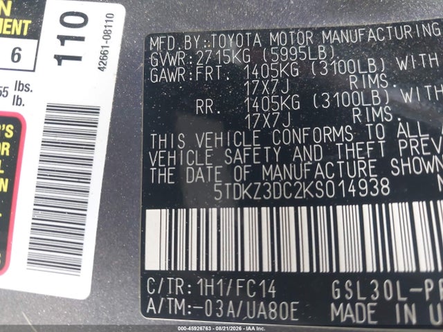 Продажа на аукционе авто 2019 Toyota Sienna Le 8 Passenger, vin: 5TDKZ3DC2KS014938, номер лота: 45926763