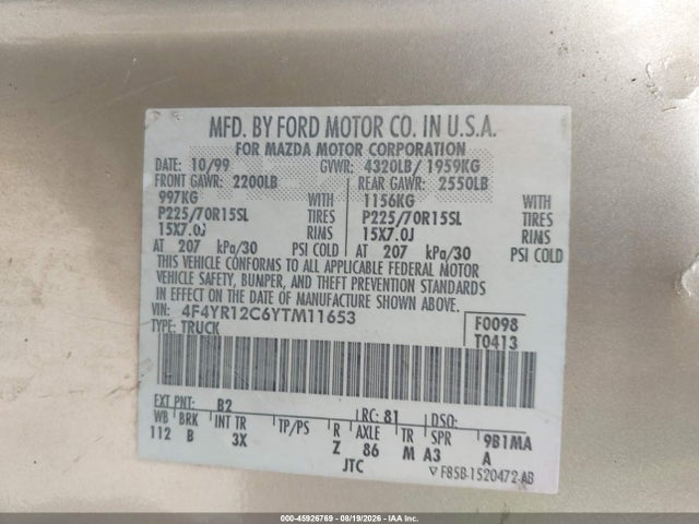 Продаж на аукціоні авто 2000 Mazda B2500 Se/sx, vin: 4F4YR12C6YTM11653, номер лоту: 45926769