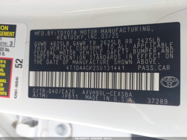 Продажа на аукционе авто 2025 Toyota Camry Se, vin: 4T1DAACK2SU131441, номер лота: 45926773