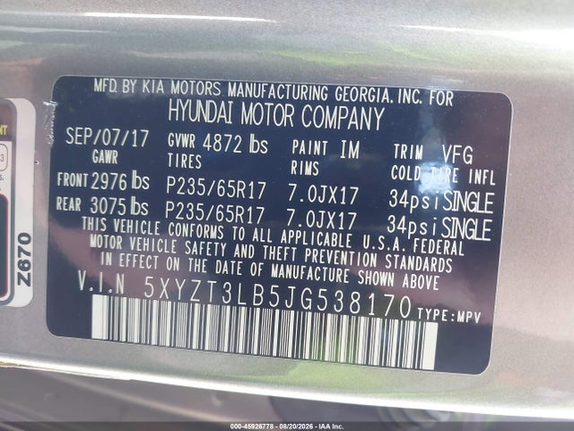 2018 Hyundai Santa Fe Sport 2.4l მანქანა იყიდება აუქციონზე, vin: 5XYZT3LB5JG538170, აუქციონის ნომერი: 45926778