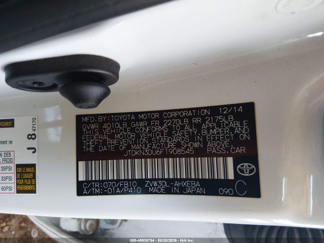 45926794 :رقم المزاد ، JTDKN3DU6F1908545 vin ، 2015 Toyota Prius Three مزاد بيع