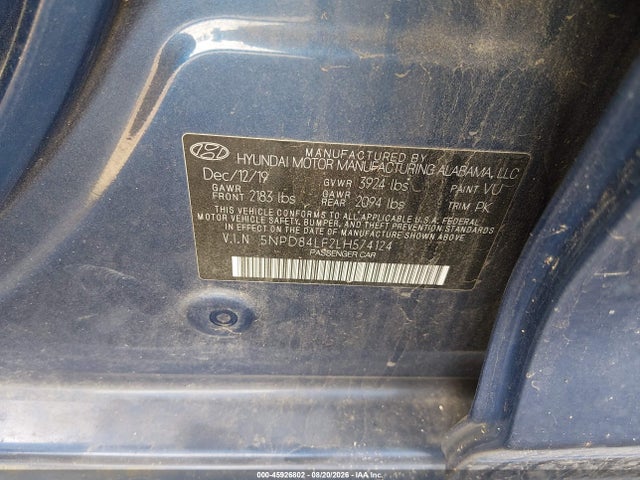 Aukcja sprzedaży 2020 Hyundai Elantra Sel, vin: 5NPD84LF2LH574124, numer aukcji: 45926802