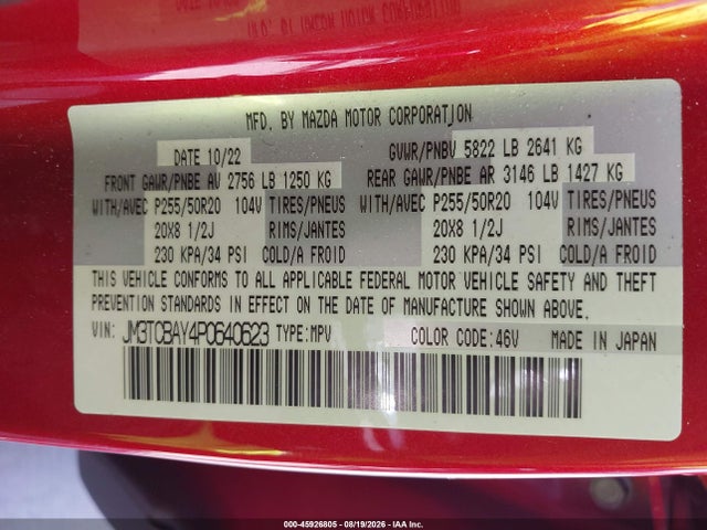 45926805 :رقم المزاد ، JM3TCBAY4P0640623 vin ، 2023 Mazda Cx-9 Touring Plus مزاد بيع