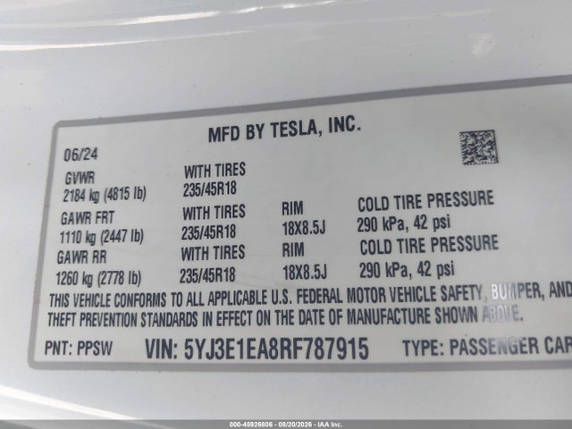 45926806 :رقم المزاد ، 5YJ3E1EA8RF787915 vin ، 2024 Tesla Model 3 Long Range Dual Motor All-wheel Drive/rear-wheel Drive مزاد بيع