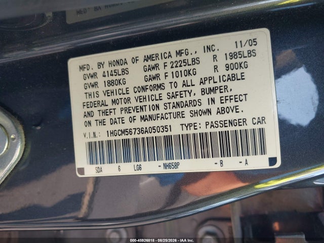 45926818 :رقم المزاد ، 1HGCM56736A050351 vin ، 2006 Honda Accord 2.4 Ex مزاد بيع