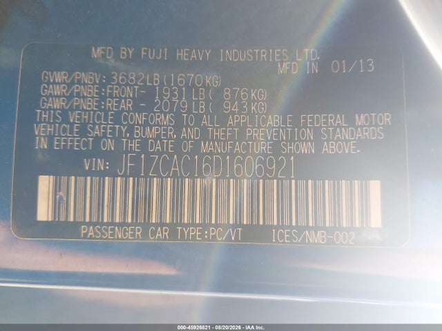 45926821 :رقم المزاد ، JF1ZCAC16D1606921 vin ، 2013 Subaru Brz Limited مزاد بيع