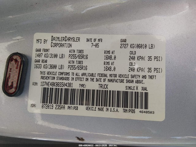 Aukcja sprzedaży 2006 Dodge Dakota Slt, vin: 1D7HE48K86S504381, numer aukcji: 45926822