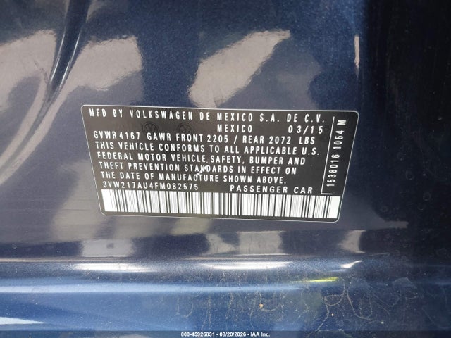 Aukcja sprzedaży 2015 Volkswagen Golf Tsi S 4-door, vin: 3VW217AU4FM082575, numer aukcji: 45926831
