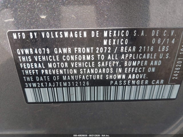 Продаж на аукціоні авто 2014 Volkswagen Jetta 2.0l S, vin: 3VW2K7AJ7EM312126, номер лоту: 45926830