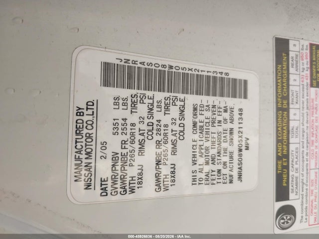 45926836 :رقم المزاد ، JNRAS08W05X211348 vin ، 2005 Infiniti Fx35 مزاد بيع