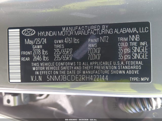 Продаж на аукціоні авто 2024 Hyundai Tucson Sel, vin: 5NMJBCDE2RH422144, номер лоту: 45926853