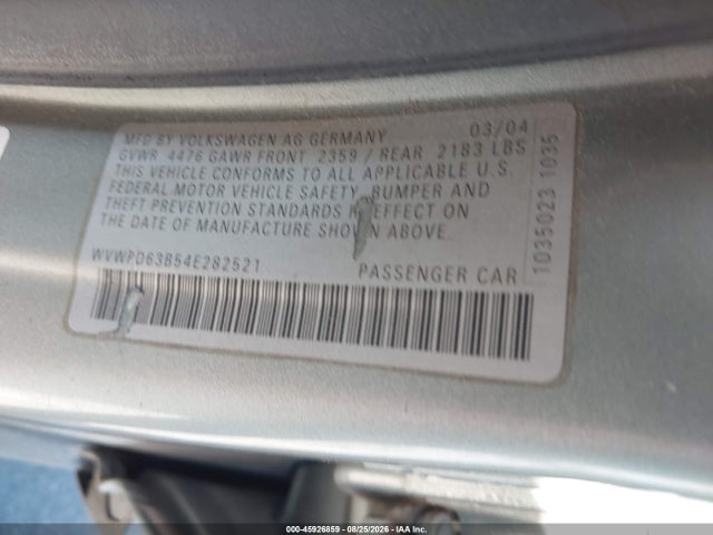 Продажа на аукционе авто 2004 Volkswagen Passat Gls, vin: WVWPD63B54E282521, номер лота: 45926859