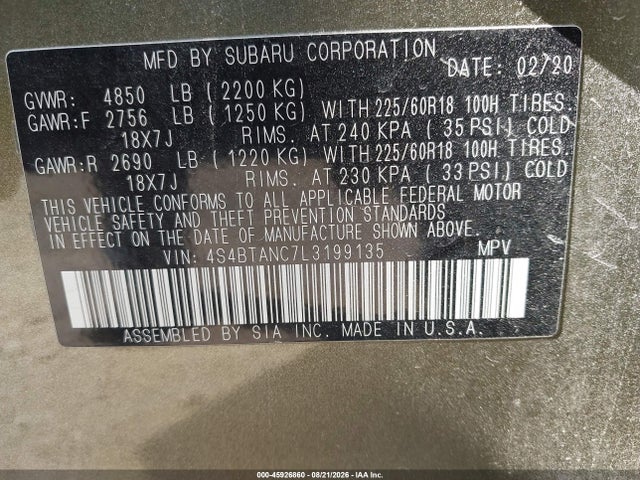 Продаж на аукціоні авто 2020 Subaru Outback Limited, vin: 4S4BTANC7L3199135, номер лоту: 45926860