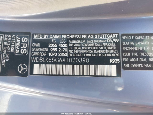 Aukcja sprzedaży 1999 Mercedes-benz Clk 320, vin: WDBLK65G6XT020390, numer aukcji: 45926872