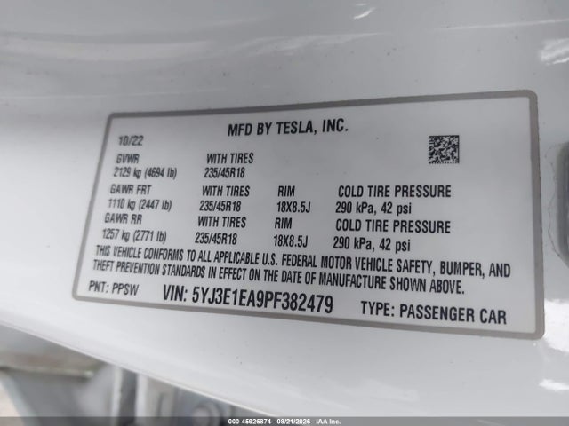 45926874 :رقم المزاد ، 5YJ3E1EA9PF382479 vin ، 2023 Tesla Model 3 Rear-wheel Drive مزاد بيع