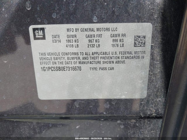 45926882 :رقم المزاد ، 1G1PC5SB0E7316670 vin ، 2014 Chevrolet Cruze 1lt Auto مزاد بيع