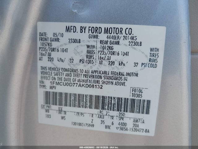 Aukcja sprzedaży 2010 Ford Escape Xlt, vin: 1FMCU0D77AKD08132, numer aukcji: 45926883