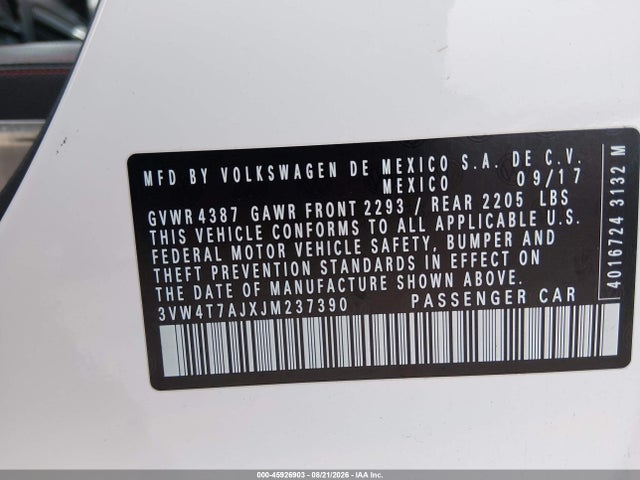 45926903 :رقم المزاد ، 3VW4T7AJXJM237390 vin ، 2018 Volkswagen Jetta 2.0t Gli مزاد بيع