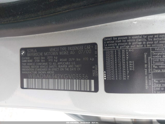 Aukcja sprzedaży 2000 Bmw 528ia, vin: WBADM6342YGV03536, numer aukcji: 45926906