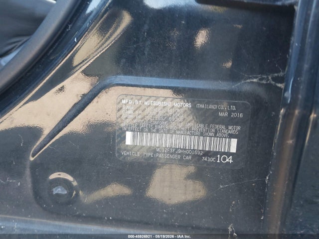 Aukcja sprzedaży 2017 Mitsubishi Mirage G4 Es, vin: ML32F3FJ9HH001592, numer aukcji: 45926921