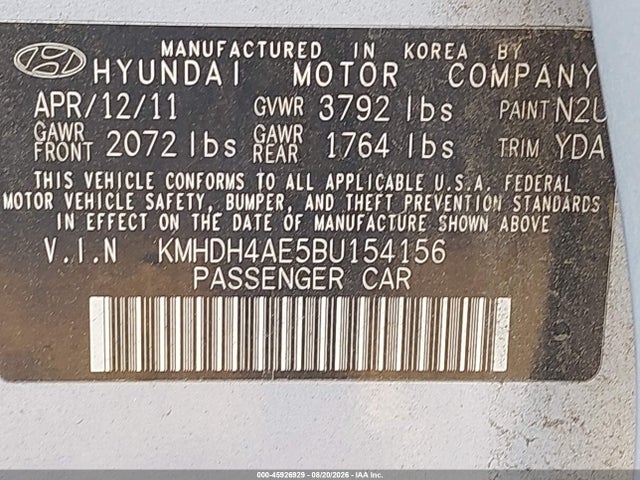 Продаж на аукціоні авто 2011 Hyundai Elantra Gls (ulsan Plant), vin: KMHDH4AE5BU154156, номер лоту: 45926929